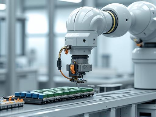 Ein Roboterarm montiert ein Batteriemodul in einer sauberen Umgebung.